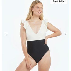 Summersalt black and white ruffle backdlip one piece